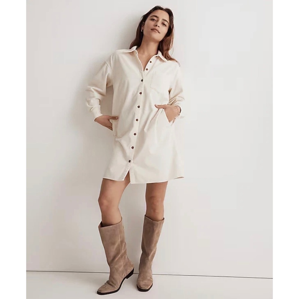 Madewell Corduroy Mini Shirt Dress Beige Tan Button Front Long Sleeve XS Western